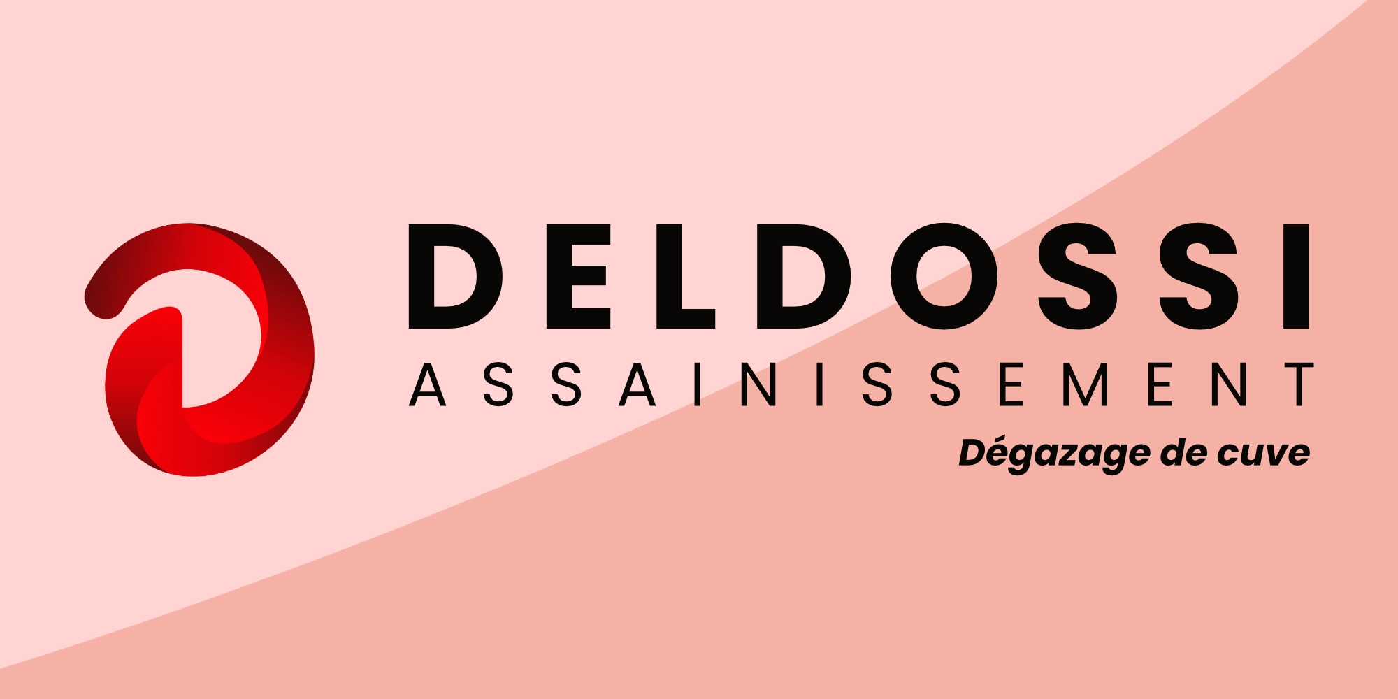 Logo de Deldossi Assainissement sur fond rouge avec l'inscription "Dégazage de cuve".