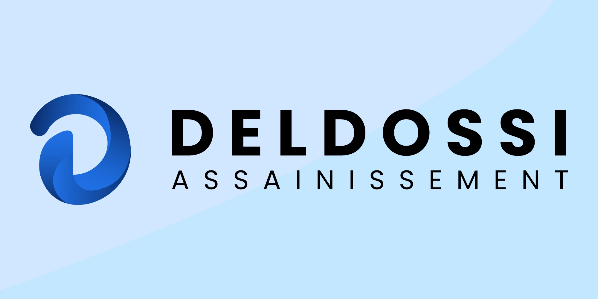 Logo de Deldossi Assainissement en bleu sur fond bleu clair.