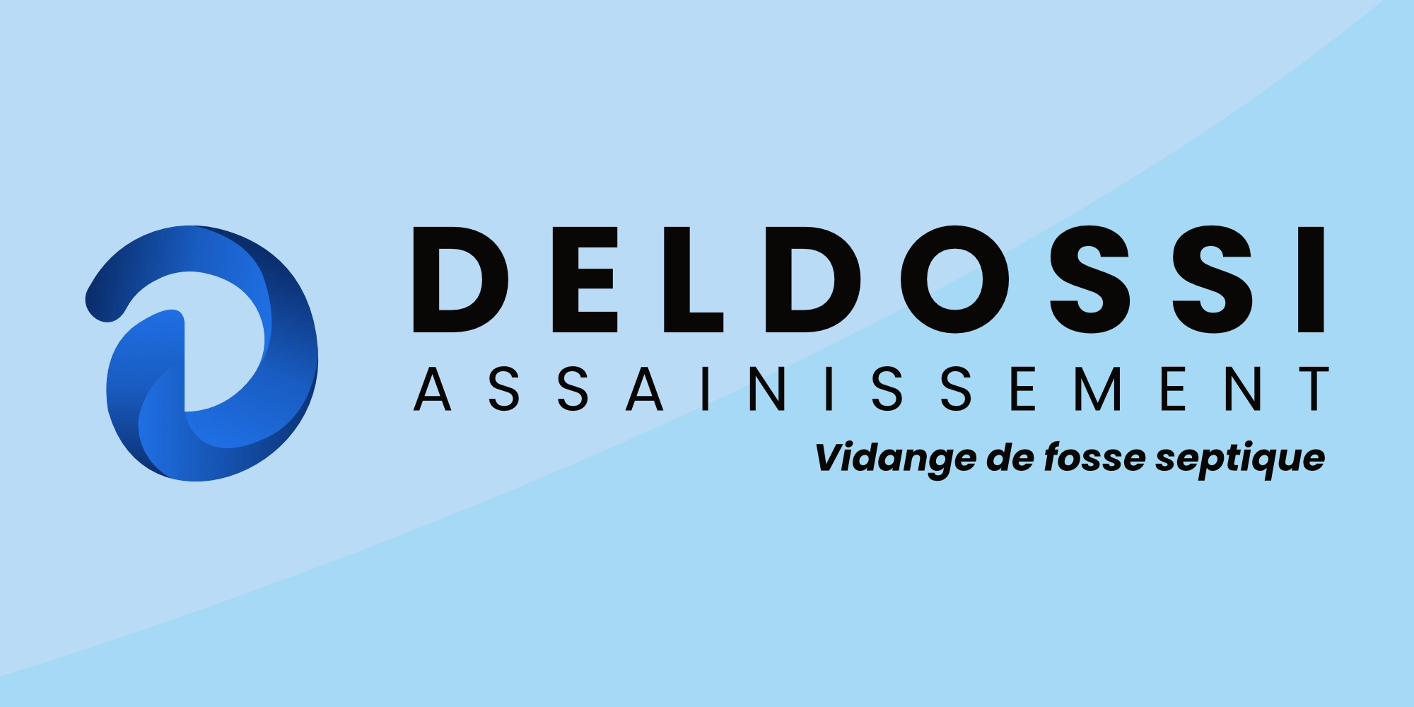 Logo de Deldossi Assainissement sur fond bleu avec l'inscription "Vidange de fosse septique".