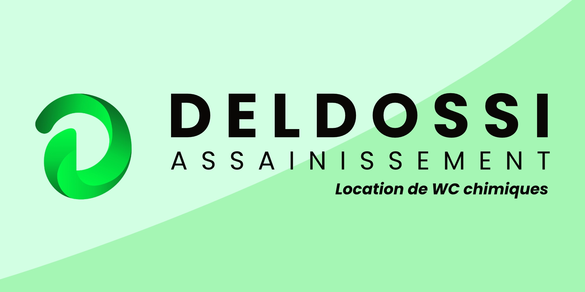 Logo de Deldossi Assainissement sur fond vert avec l'inscription "Location de WC chimiques".